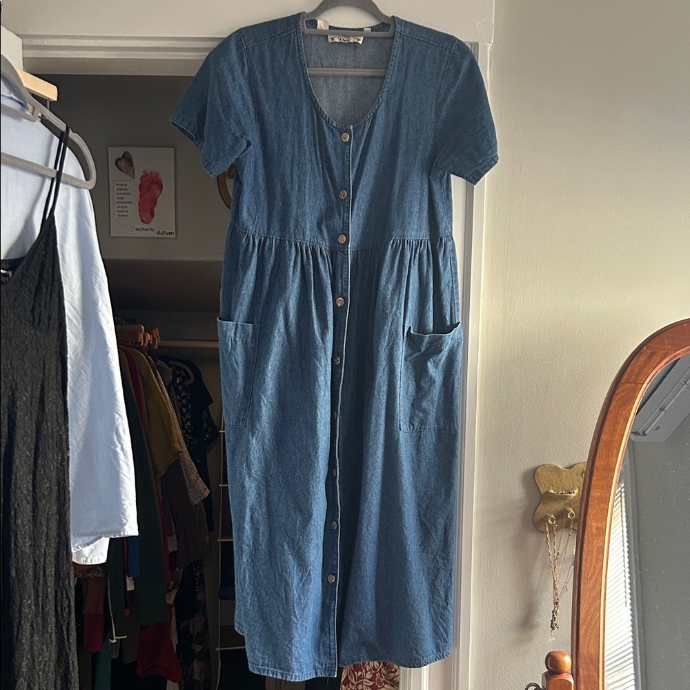 Vintage Orvis Midi 100% Cotton Denim Button-Down Dress